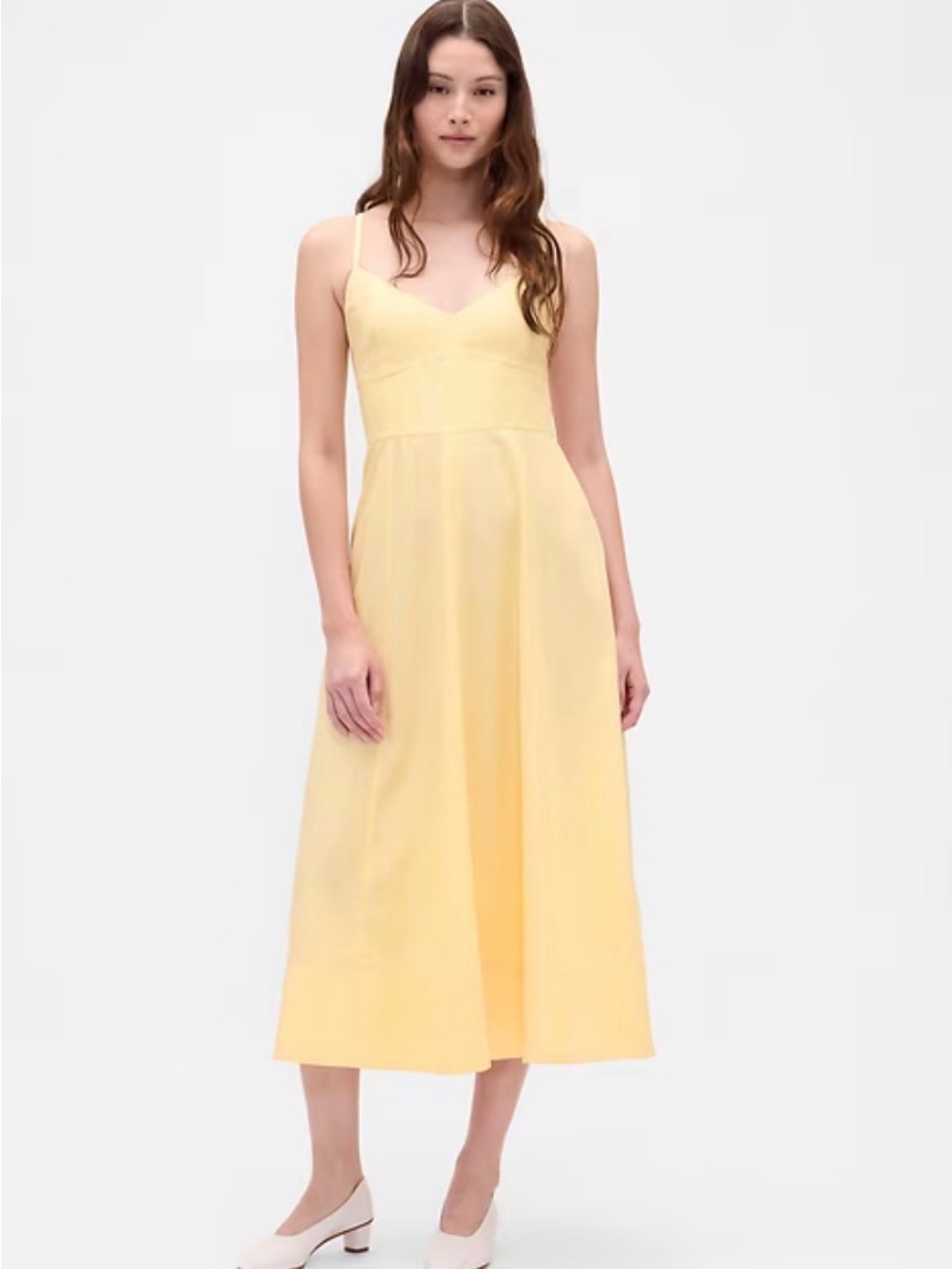 GAP Linen-Blend Seamed Corset Midi Dress S Light Yellow